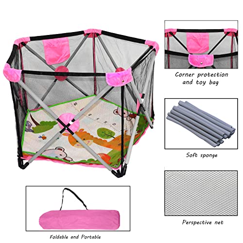 HongK- Dark Pink Pentagon Safety Playpen Portable Foldable Mesh Playard Infants Baby Toodler Animals Fence w/Travel Bag Nursery Furniture For Indoor Outdoor
