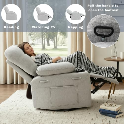 Image of Swivel Rocker Recliner Chair,Recliner Single Sofa with Cup Holders, Manual Nursery Rocking Chair with Side Pockets, Modern Upholstered Recliner for Living Room,Apartment,Home Theater(Grey)