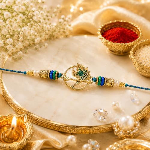 Image of CraftVatika Rakhi for Brother Boy Men, Designer Peacock Feather Rakhi for Rakshabandhan, Premium Raksha Bandhan Rakhies for Bhaiya, Traditional Raki for Bhai, RakshaBandhan Bracelet Set of 1