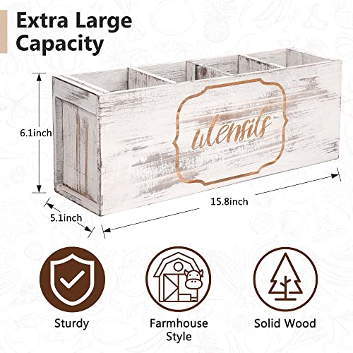 Yumkfoi-Extra-Large-Utensil-Holder-with-4-Compartments-Wooden-Farmhouse-Utensil-Organizer-for-Kitchen-Counter-Rustic-Cooking-Utensil-Crock-Countertop-Utensil-Caddy-Spatula-Holder-Distressed-White