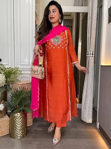 Image of GoSriKi Women's Viscose Blend Straight Embroidered Kurta with Pant and Dupatta Set | Ethnic 3 Piece Suit | Traditional Salwar Kameez for Women | Festive Kurta Set | Regular Fit Dress