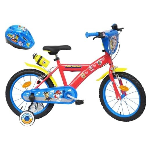 Vélo ATLAS 16 Bicicleta Infantil Pulgadas, Pat, Equipada con 2 Frenos, bidón/portabidón Guardabarros, Placa Frontal, estabilizadores extraíbles + Casco Patrulla Canina Incluido, Niños, Rojo