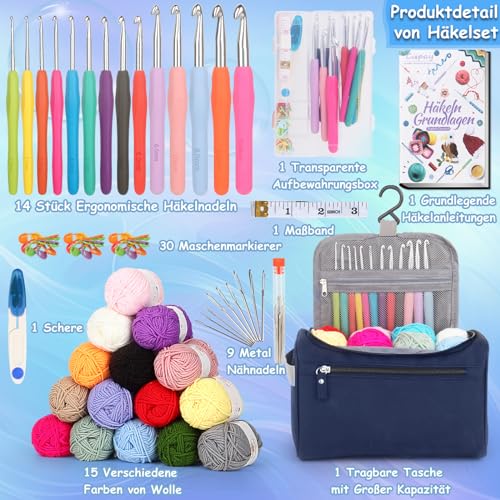 Coopay 73 Stück Häkelset für Anfänger, Tragbar Häkelnadel Set mit 15 Wolle, Tasche, Häkelzubehör, 2,0-10 mm Ergonomische Häkelnadeln mit Lang Weicher Griff, Praktische Häkelnadel Set, Dunkelblau