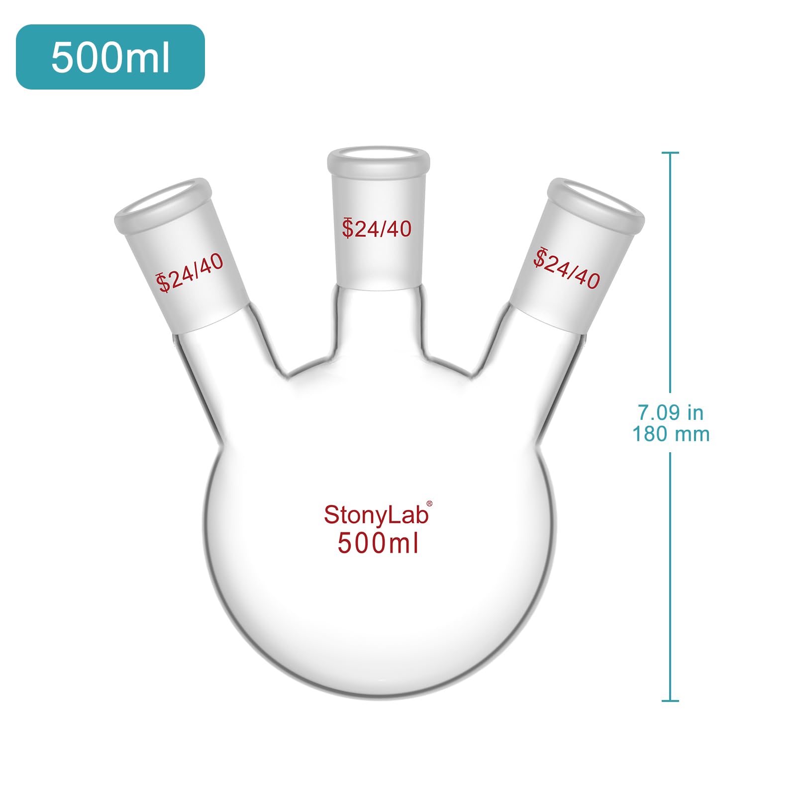 stonylab Tres-Cuello Balones de Destilación Redondo Frasco de Fondo de Borosilicato Vidrio RBF, con 24/40 Centro y Lado Cónicos Estándar Externo Joint, Frasco de Laboratorio Boiling Flask - 500ml
