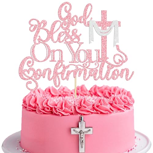 Ephlyn Décoration de gâteau de confirmation « God Bless On You » avec croix pailletée pour première communion, baptême, fête prénatale, fête...