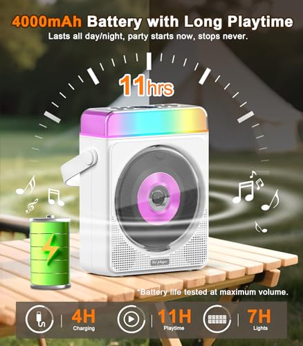 Image of Greadio Portable Bluetooth CD Player with RGB Lights & Speakers (White)