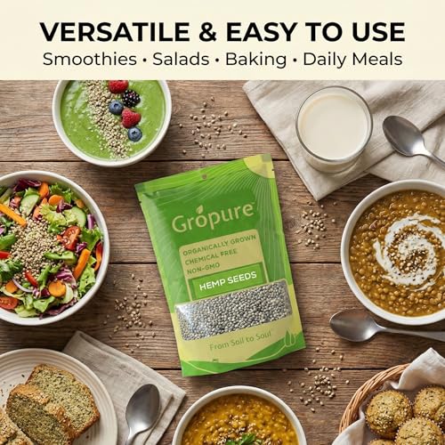 Image of GroPure Organic: From Soil to Soul - Hemp Seeds for Eating 250 g I Raw Hemp Seeds I High in Protein, Fibre I Perfect for Smoothies, Salads, Baking I Organic Hemp | Suitable for Keto & Vegan Diets | Natural Plant-Based Nutrition