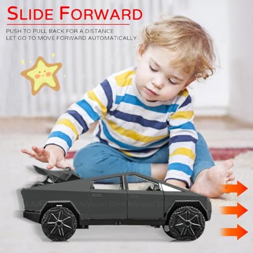 Image of 1:32 Scale Die-Cast Tesla CyberTruck with Pick-Up Trailer with 6 Openable Doors Pull Back Toy Car with Lights & Music Toy Car Gift for Kids (1:32 Cybertruck - Black)