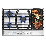 Trifecte 30 Inch Gas Cooktop with 5 SABAF Burners, Stainless Steel Gas Stove Top with Timer LPG/NG Convertible Dual Fuel Propane Cooktop Gas Hob - Easy to Clean (Griddle Not Included)