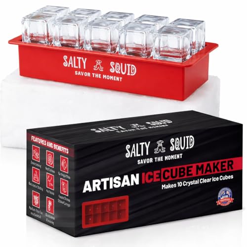 Salty Squid Clear Craft Ice Cube Maker – Square Ice Cube Mold makes 10 Large 2' Crystal Clear Ice Cubes for Whiskey, Cocktails – Slow Melting, Easy Release, Large Ice Cube Tray