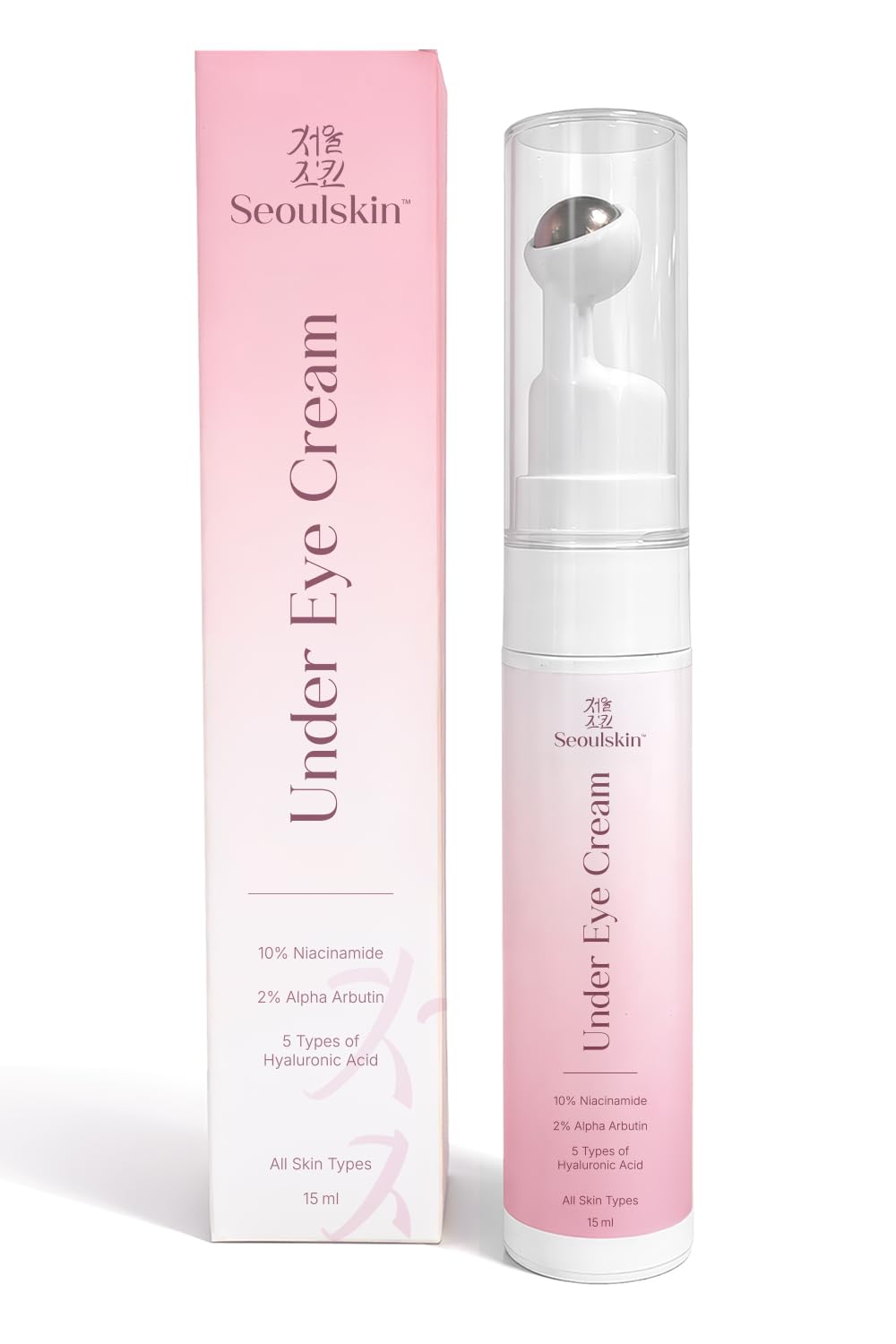 Seoulskin Under Eye Cream for Dark Circles, Fine Lines & Puffiness | For Men & Women | With 10% Niacinamide, 2% Alpha Arbutin | With Built-in Cooling Massage Roll-On Applicator | 15 ml