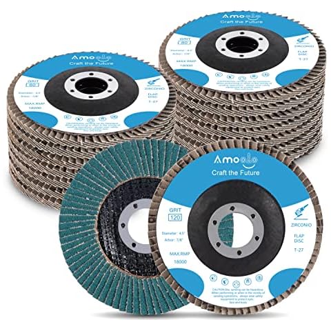 Amoolo 4 1/2 Inch Zirconia Flap Discs, 16 PCS 40 60 80 120 Grit Angle Grinder Sanding Wheel, High Density Abrasive T27 Grinding Discs for Metal/Wood Grinding (7/8 inch Arbor Size) Cover