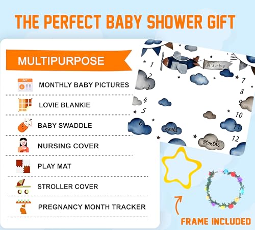 Image of Airplane Theme Baby Monthly Milestone Blanket for Boys, Soft Flannel Aircraft Pilot Cloud Stars Pattern Photography Prop Baby Shower Age Newborn Mom Gifts Nursery Decor (Gray Blue, 48x48in)