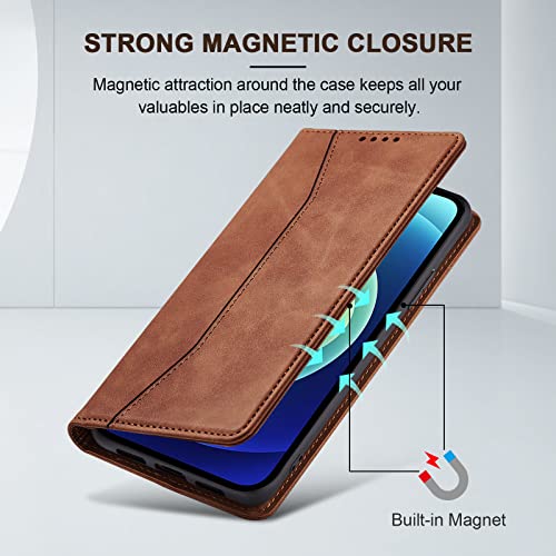 Image of Jasonyu Flip Wallet Case for iPhone 12,Leather Magnetic Folio Cover with Card Holder,Kickstand - TPU Shockproof Durable Protective Phone Case,Brown
