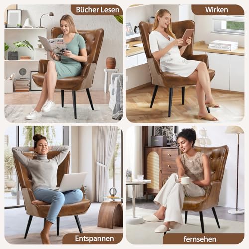 Ckaff Ohrensessel Sessel Wohnzimmer, Skandinavischer Stil Relaxsessel PU-Kunstleder mit Hoher Rückenlehne Loungesessel Polstersessel fürs Wohnzimmer Schlafzimmer Arbeitszimmer Gästezimmer, Braun