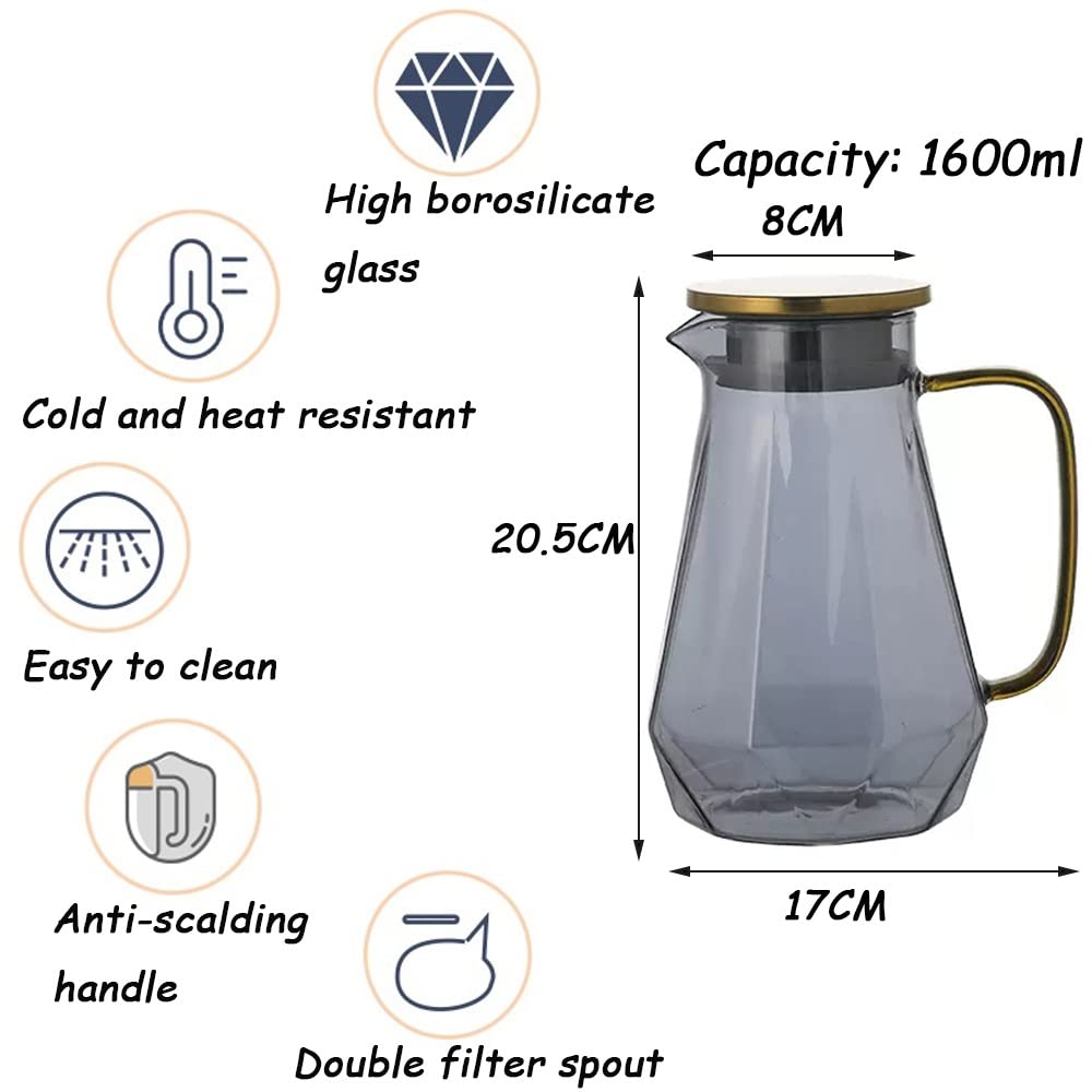 Nff Jarra De Cristal, Jarra De Agua De Cristal De 1,6 L con Tapa, Jarra De Cristal Geométrica Resistente Al Calor, Fácil De Limpiar, Apta For Zumo, Té, Agua, Café (Color : Smoke Grey)