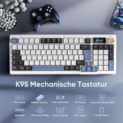RedThunder K95 Kabellose Mechanische Gaming-Tastatur mit 1,88” Display & Knopf, QWERTZ 96 Tasten, Gasket, BT/USB-C/2,4GHz, Software, Hot-swap, Linear-Pink-Schalter, RGB, 8000mAh (Blau-Weiß) – Bild 3
