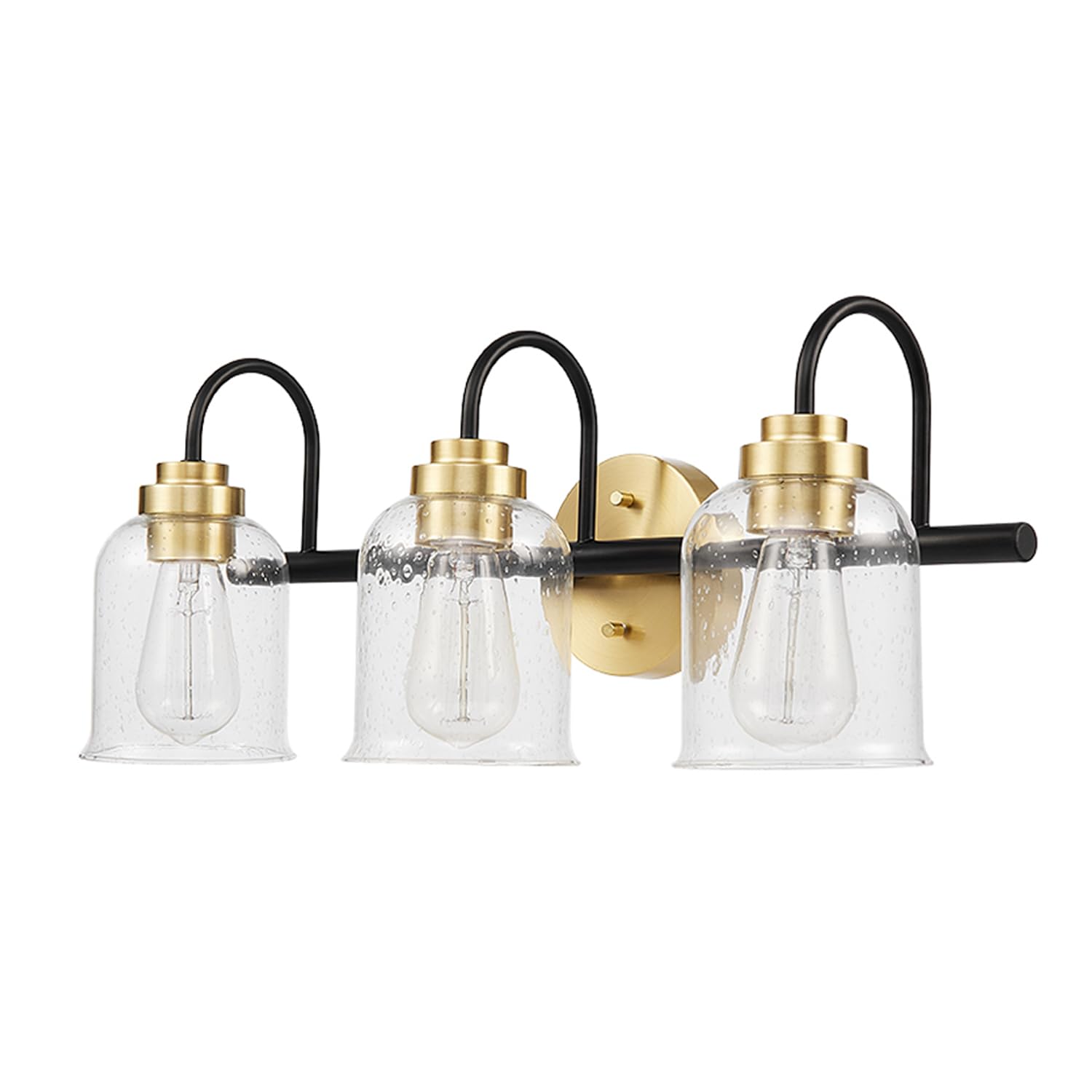 Globe Electric 4-Piece All-in-One Bathroom Set, Matte Black, 3-Light Vanity Light with Seeded Glass Shades and Matte Brass Accents, Towel Bar, Toilet Paper Holder, Towel Ring