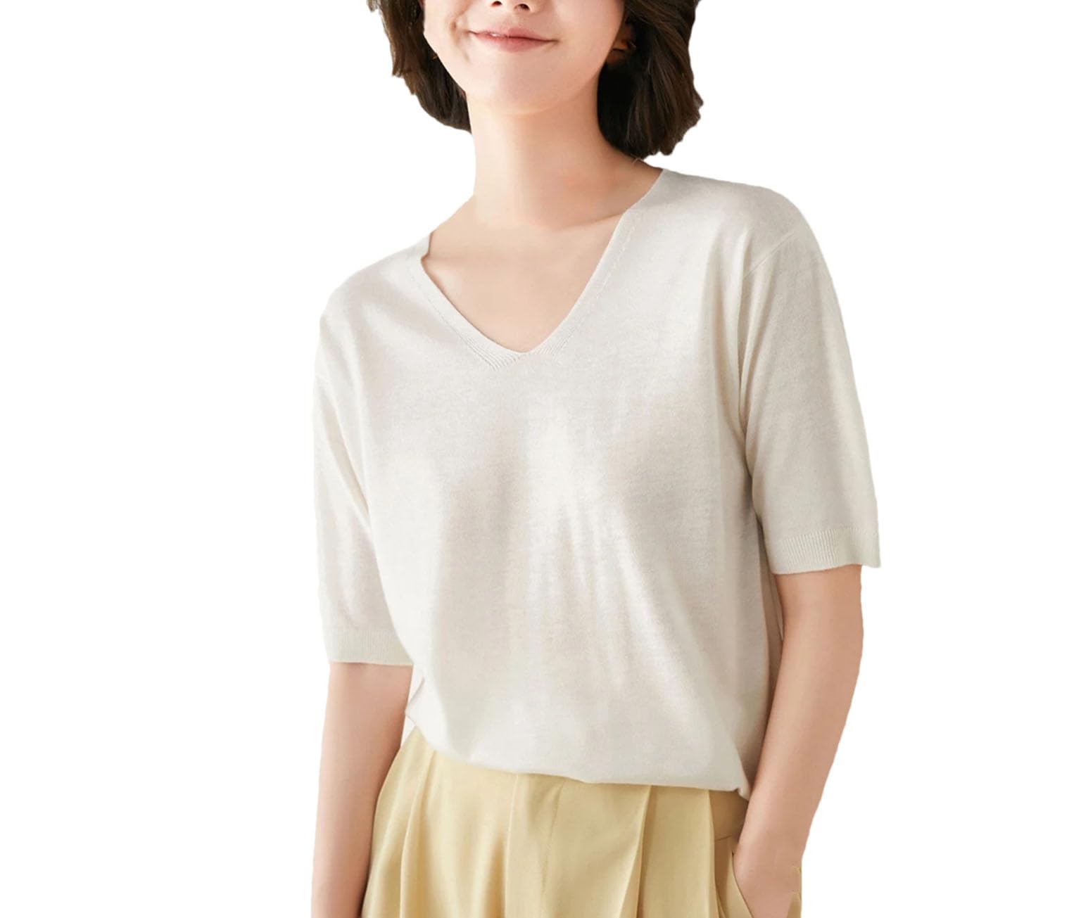 Maglione da donna in lana di cachemire, tinta unita, a maniche corte, con scollo a V, maglia morbida e calda