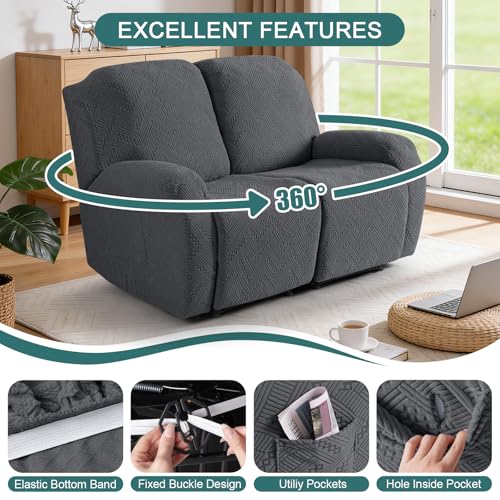 Image of Ruaozz Recliner Sofa Covers Recliner Chair Covers Extra Wide Loveseat Recliner Slipcovers with Pockets Washable Furniture Protector with Elastic Bottom (2 Seater-X Large, Dark Gray)