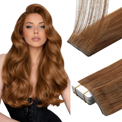 Image of Full Shine Invisible Tape in Hair Extensions Human Hair, Invisi Edge Color 330 Copper Ginger Injected Tape in Extensions, Soft Natural Skin Weft 20Pcs 20 Inch 50g, Natural Look