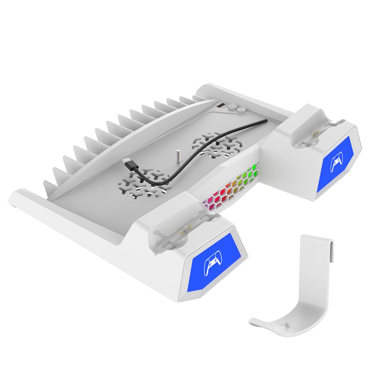 Soporte de refrigeración Vertical para PS5 Slim, Base de Carga de Doble Mando, Base de disipación de Calor con Colgador de Auriculares y Soporte de Almacenamiento de Discos