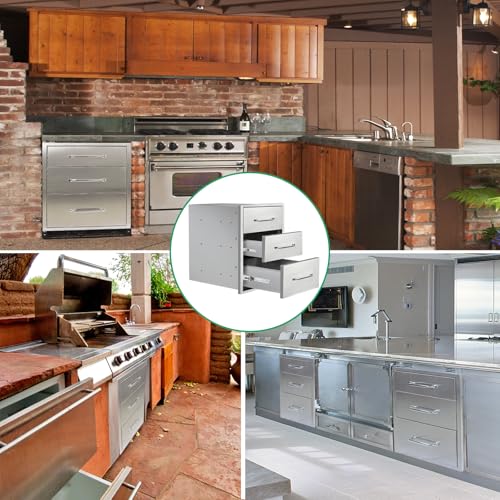 Image of Outdoor Kitchen Drawers 16 inch W x 21 inch H x 23 inch D Stainless Steel Triple Drawers with Ergonomic Handle for BBQ Island, Patio Grill Station & Outdoor Kitchen Cabinets