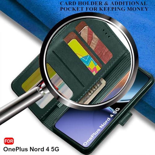 Image of TheGiftKart Genuine Leather Finish Flip Back Cover Case for OnePlus Nord 4 5G | Inbuilt Pockets & Stand | Wallet Style | Designer Button | Flip Cover Back Case for OnePlus Nord 4 (Faux Leather, Green)