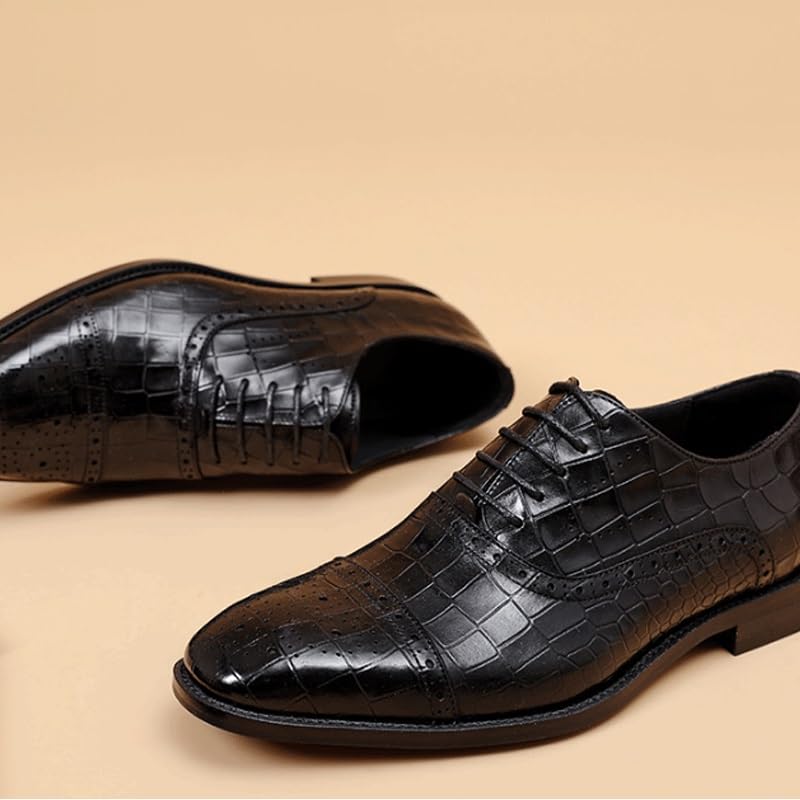 Men's Vintage Crocodile Print Strap Lace-Up Dress Shoes Comfort Handmade Round Toe Non-Slip Lug Sole Lace-Up Formal Derby Shoes for Men3