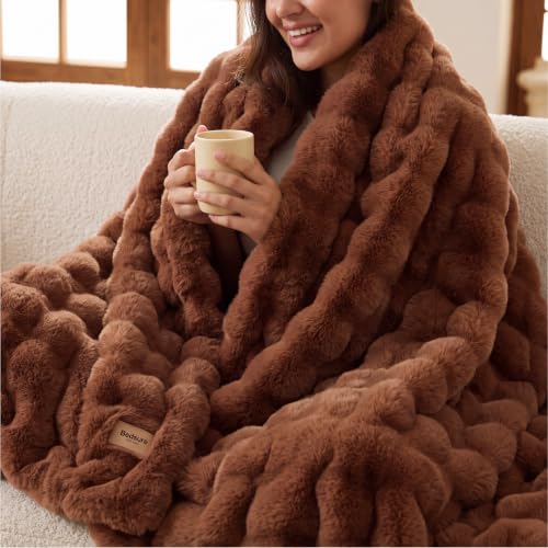 Image of Bedsure Fluffy Bubble Faux Fur Throw Blanket, 50 inchx60 inch, Burnt Orange