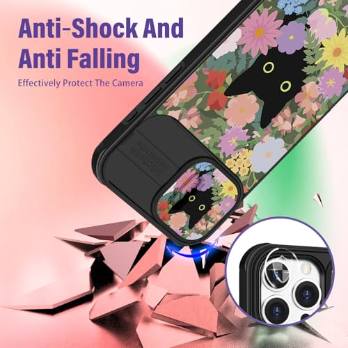 Image of Funermei for iPhone 16 Pro Case - Women Girls Cute Phone Cover Girly Pretty Aesthetic Black Cat Floral Flower Unique Design with Camera Cover Funda for Apple for iPhone 16 Pro