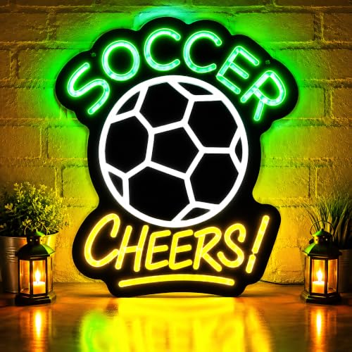 Image of Soccer Cheers LED Neon Sign, Green Ball Wall Light for Sports Bar, Fan Cave, Game Room, Bedroom and Team Room Decor, USB Powered Dimmable Gift for Fans, 13.8 x 13 in