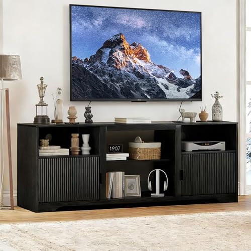 Fluted TV Stand for Tvs up to 80",Mid Century Modern TV Stand with Open Adjustable Shelf,Entertainment Center Wood TV Media Console with Cord Holes for Living Room Furniture Bedroom,Black