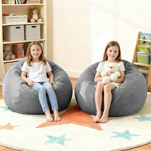 Image of HABUTWAY 2FT Bean Bag Chair 2-Pack, 2' Beanbags Small Bean Bag Chairs with Filling, Teardrop Bean Bag Chair Luxurious Velvet Ultra Soft Fur with Removable Cover(Grey)