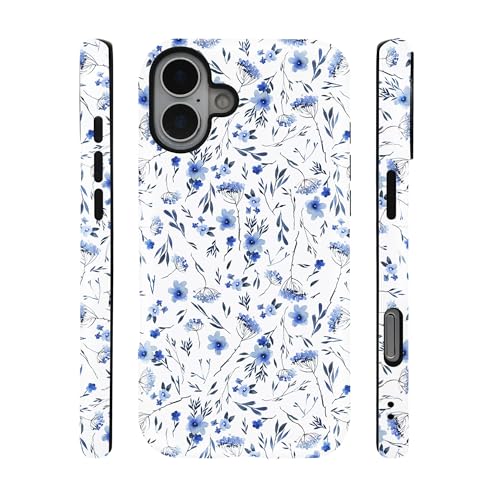 qizjio Cute Floral Phone Case for iPhone 16 Plus, Aesthetic Blue Flower Cover for Teen Girls Women Kids
