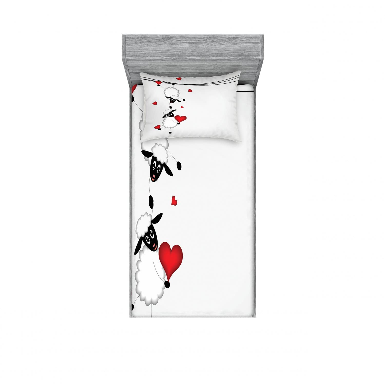 Ambesonne Cartoon 2 Pack Fitted Sheet & Pillow Sham Set, Heart Shapes in Love, 4 Pcs Bedding Decor, Package Contains 2 Twin Size Fitted Sheets & 2 Pillow Covers, Red White Black