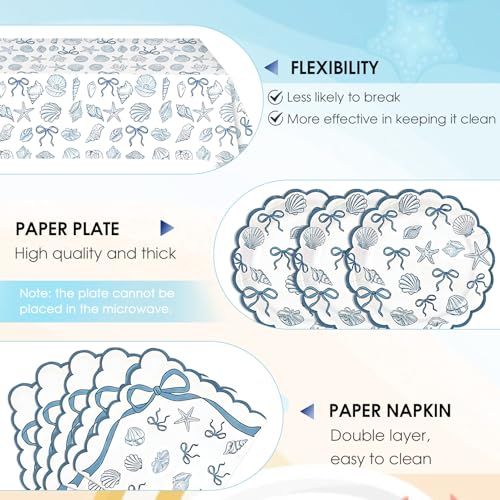 Image of 40PCS Seashell Birthday Party Decorations Blue Bow Beach Style Tableware Kit Include Starfish Coral Disposable Paper Plates and Napkins,Tablecloth Set for The Summer I Turned Pretty Party Decor