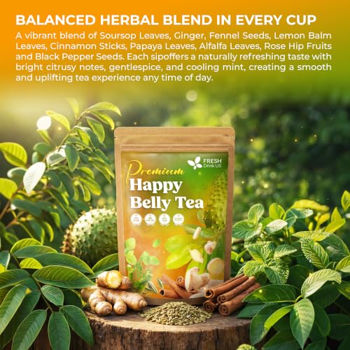 Image of FreshDrinkUS, Premium Happy Belly Tea | 75 Tea Bags | Herbal Tea Blend with Soursop Leaves, Ginger, Fennel Seed, Lemon Balm, Cinnamon, Papaya Leaves & Rose Hip - Naturally Caffeine Free. Sugar Free