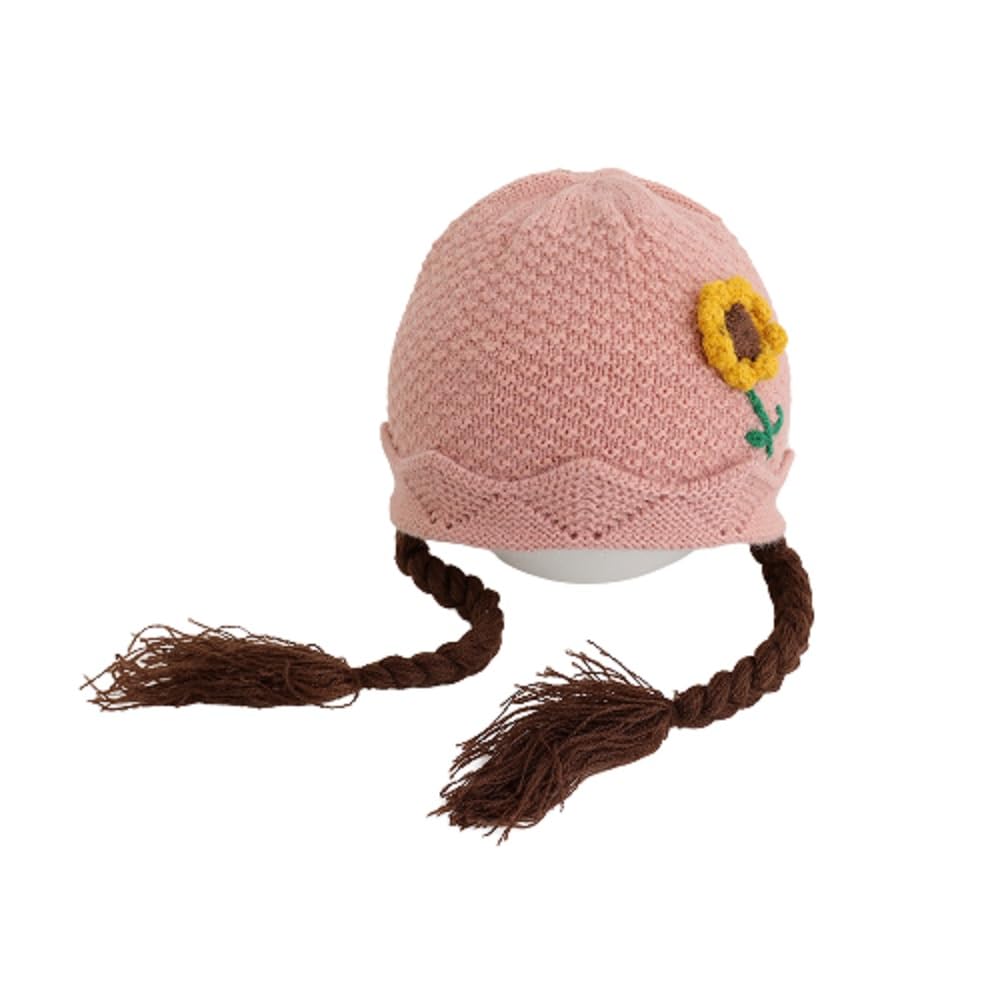Ziory 1 Pc Sunflower Embroidered Woollen Tie Knot Cap with Braids for Baby Girls- Pink (6-12months)