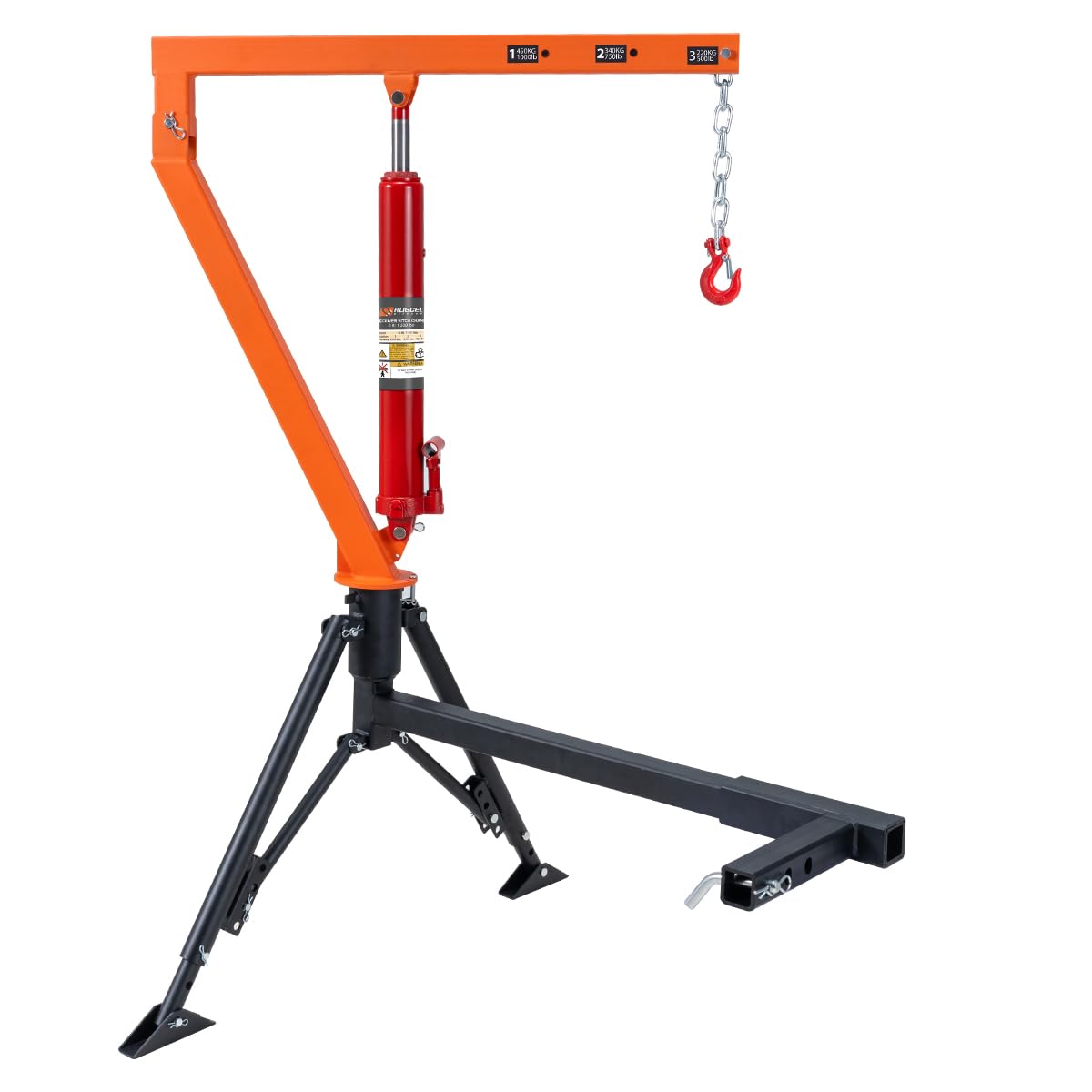 rugcel 1000 lb stretchable receiver hitch mounted hydraulic swivel pickup truck crane, with three boom capacities of 500 lb, 750 lb and 1000 lb, is used for lifting cargo in industry, construction