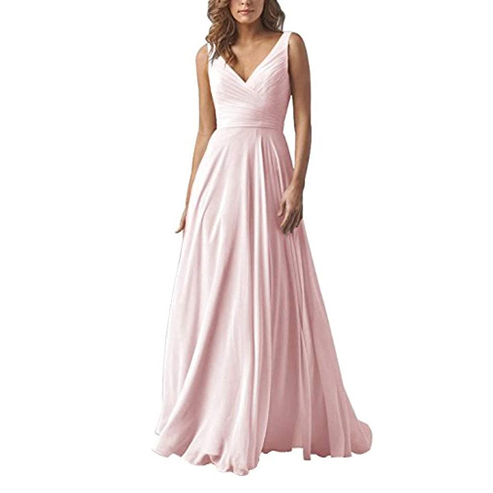 Vestito da Cerimonia Donna Lungo,Abito in Chiffon con Scollo a V a Doppia Spalla, Abito da Sera a Trapezio-Pink A_34,Damigella Vestito Elegante Abito da