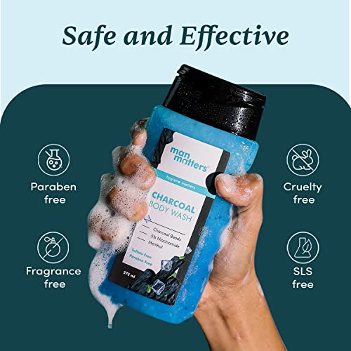 Image of Man Matters 3 in 1 Action Charcoal & Menthol Body Wash | With Menthol, 5% Niacinamide & Activated Charcoal Beads | For Instant Cooling, Odor Protection & Improves Skin texture | 250ml