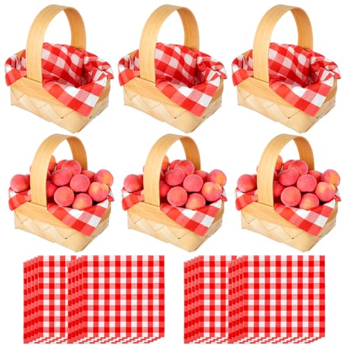 PCTCSHQ 6 Pcs Mini Woven Baskets with Handles 20 Sheets Red Gingham Paper Napkins Wood Chip Small Flower Fruit Picnic Baskets for Wedding Party Favors Farmhouse Decor