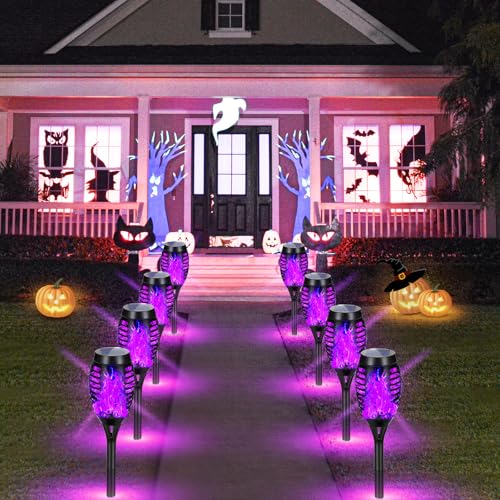 AOUNQ Purple Halloween Solar Lights Outdoor with Flickering Flame, 10 Pack | Halloween Decorations Solar Torch Lights, Waterproof Solar Halloween Lights Tiki Torches for Outside Patio Pathway Yard Decor - image 8