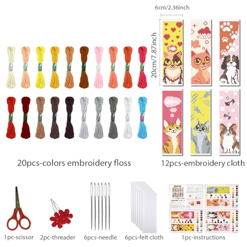 Image of FREEBLOSS 12 Set Cross Stitch Bookmark Kits Colorful Pet Pattern Stamped Cross Stitch Kit 11CT Embroidery Kit with Instructions for Beginners 8 * 2.4inch