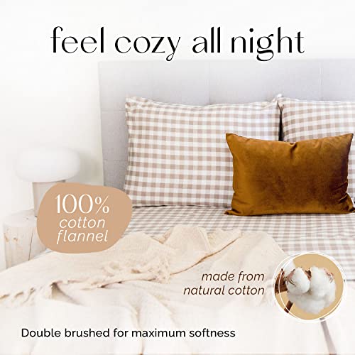 Five Looms - Cozy Flannel Bed Sheet Set, 100% Cotton Flannel Sheets With Deep Pockets, All Around Elastic, Ultra Soft Flannel - Fitted Sheet, Flat Sheet, And 2 Pillowcases, Queen Size, Gingham Beige #TOP1