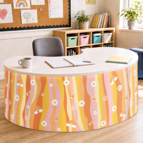 Image of 9FT Groovy Daisy Table Skirt Retro 70s Hippie Teacher Desk Skirt Boho Classroom Table Cover for Back to School Decor Rectangle Tablecloth Birthday Party Decorations for Home Office Bookcase Cabinet