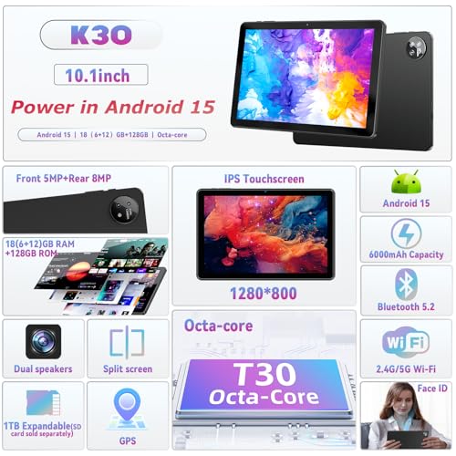Image of 10 inch Android 15 Tablet with Case, 18GB + 128GB, 1TB Expansion, Octa-Core Compatible Widevine L1 Tablet with WiFi 5, 6000mAh, T310 CPU, High Performance, Processor