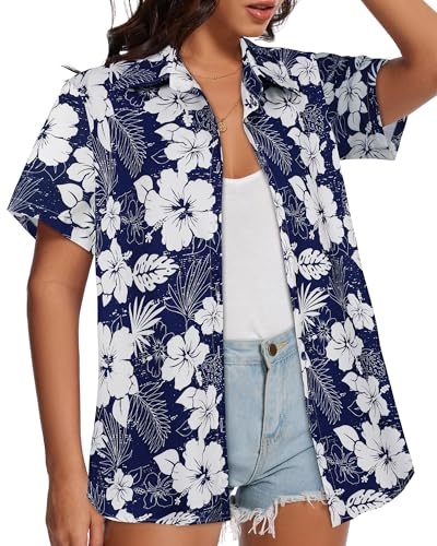 Image of Women Hawaiian Shirt Button Down Summer Tops Beach Short Sleeve Blouse