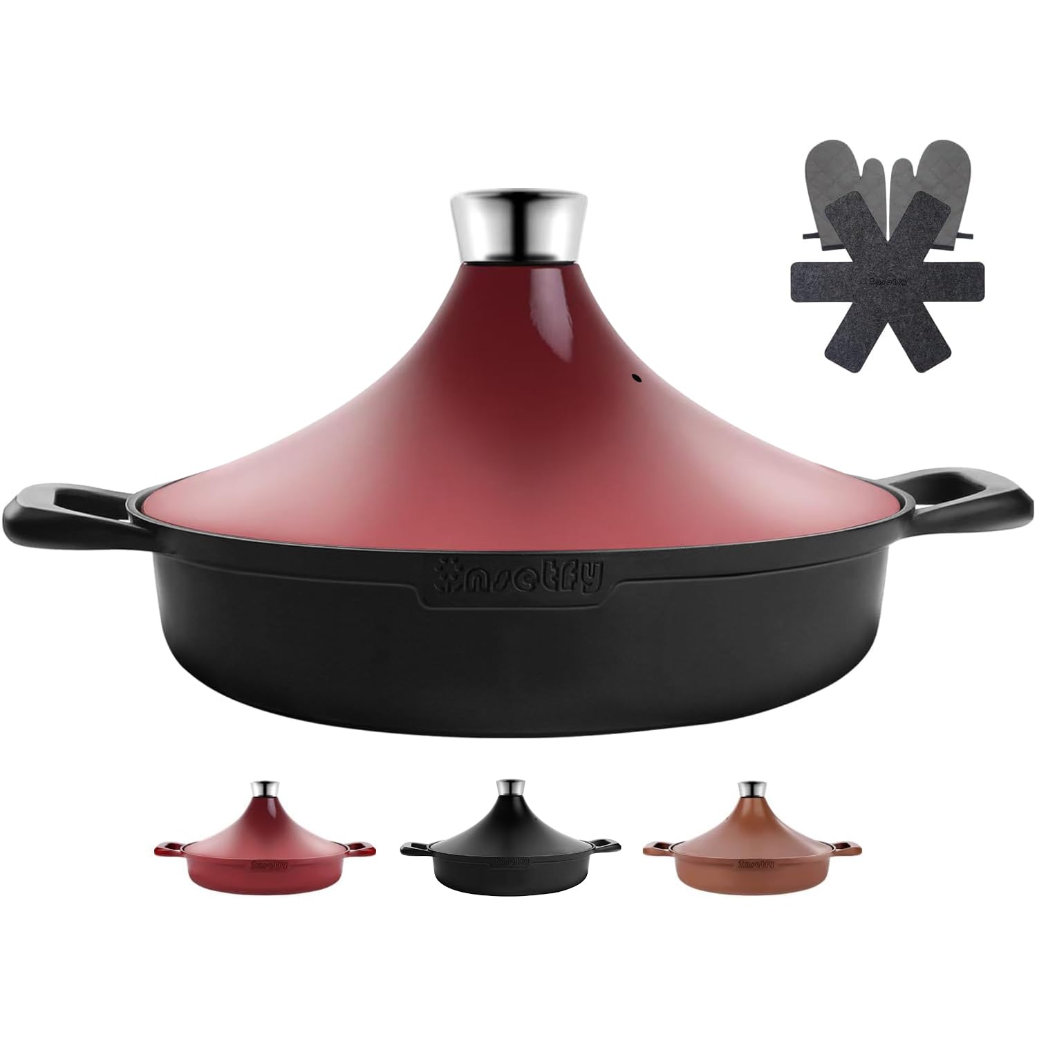 Non-Stick Frying Pan/Skillet 11", 3QT Tagine Pan,Cast Aluminum Pans with Lid, Stove/Oven-to-Table Cookware, Dishwasher Safe&amp; Compatible with All Stovetops（Black Red）